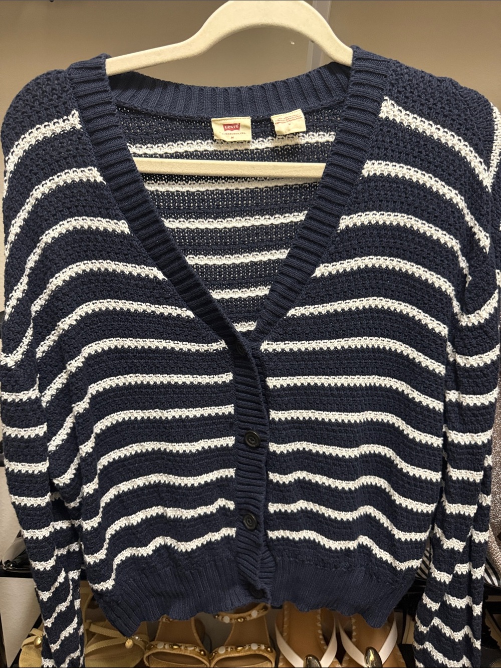 Levi's Navy and White Striped V-Neck Button Cardigan
